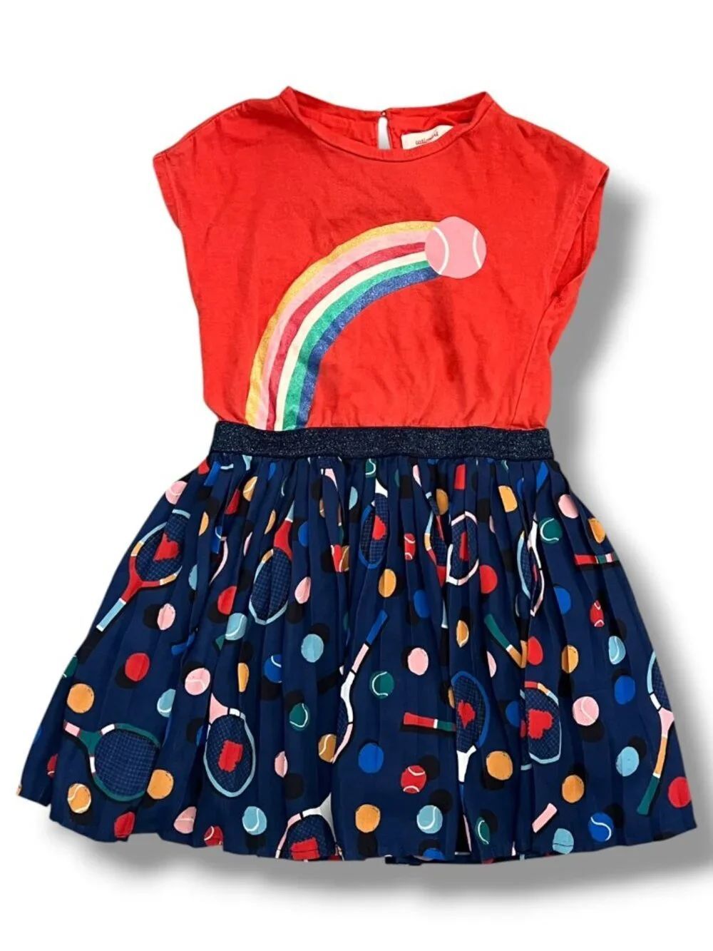 Catimini Girls Red & Blue Tennis Ball Rainbow Pleated Skirt Dress Size 5